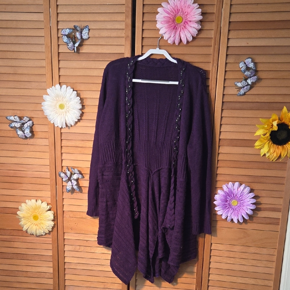 Women's Purple Open-Front Knit Cardigan Sweater